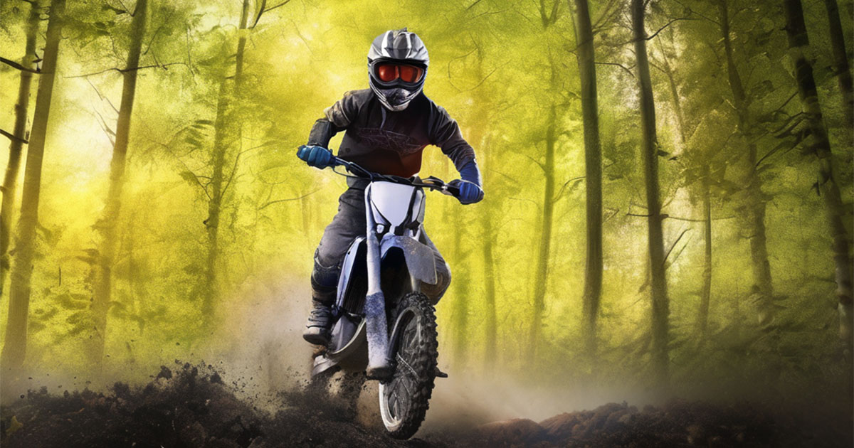 An off-road pit bike navigate forest trail